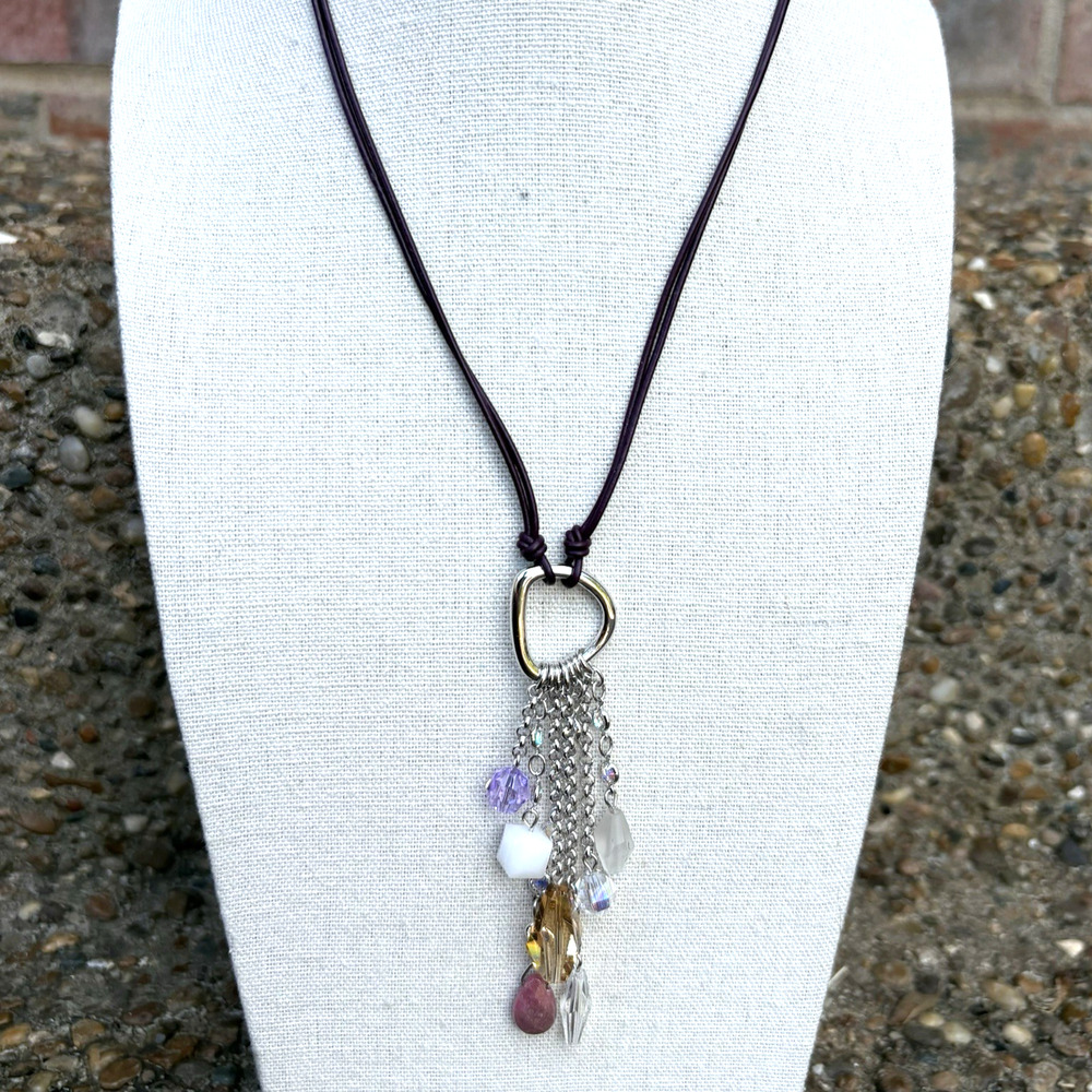 Swarovski Crystal Charms Tassel Leather Corded Silver Tone Pendant Necklace 16"